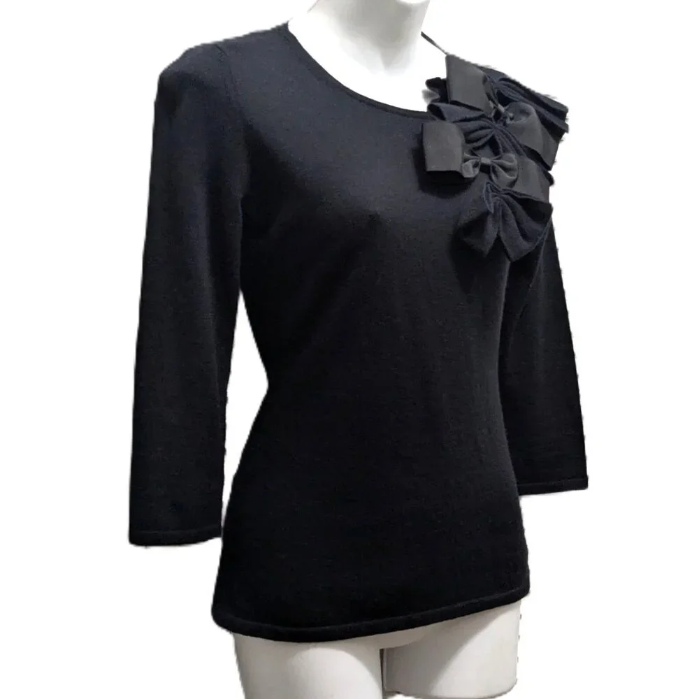Cashmere Silk Sweater Womens Small Black with Bows Rosette Saks Fifth Ave - Picture 6 of 16